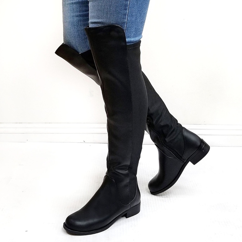 New Black Over the Knee Elastic Back Panel Boots